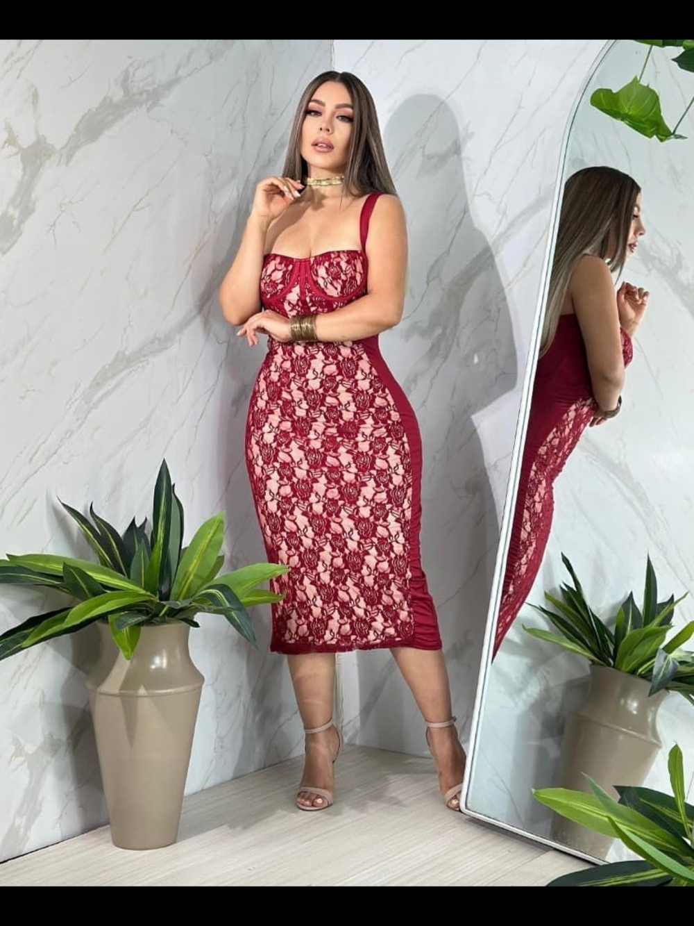 Red Lace Bodycon Midi Dress - Elegant Women's Dress